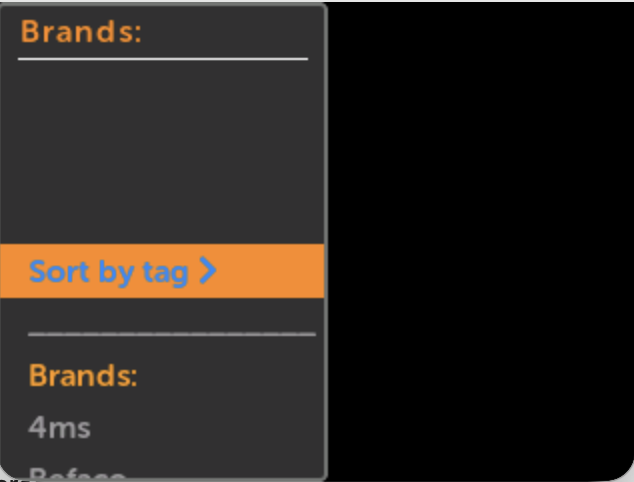 Module browser sort menu showing Brand and Tag options