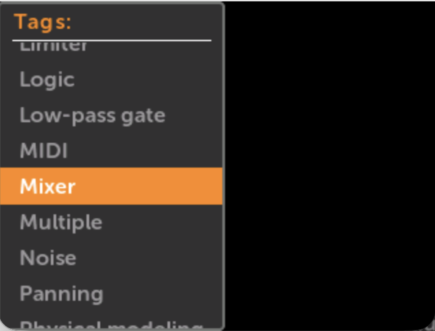 Module browser in Tag view showing list of tags