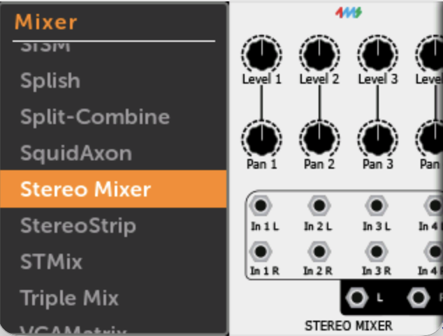 Module browser showing Mixer modules