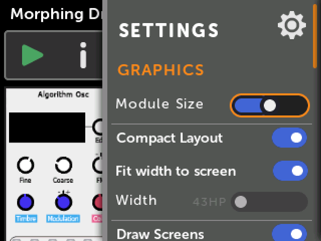 Layout options in the Patch View settings menu